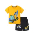 Kids summer short sleeve t-shirt and shorts set with cute excavator print for boys. - 2Y(90cm) / Top And Bottom / Yellow Top Black Pants (5560+3229)