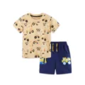 Bambini cartone animato trattore stampa t-shirt e pantaloncini set cotone estate - 2Y(90cm) / Top e Pantaloni / Cachi e Blu Scuro