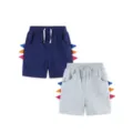 Kids dinosaur shorts 2-pack, navy blue and light grey cotton knit summer casual wear. - 2Y / Bottoms
