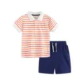 Kinder Sommer gestreiftes Polo Shirt und Shorts Set, orange weißes Oberteil mit blauer Hose. - 2Y(90cm) / Oberteil und Hose