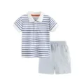 Boys summer striped polo shirt and grey shorts clothing set, casual short sleeve two-piece outfit. - 2Y(90cm) / Top And Bottom / Blue White Striped With Gray