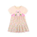Girls short sleeve pink flamingo floral dress, cute cotton tier skirt for daily wear. - 2Y(90cm) / Dresses / Pink