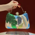Vintage sequin embroidered evening clutch bag with pearl clasp and metal handle for women. - Apricot