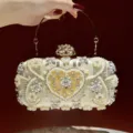 Elegant evening clutch bag with faux pearls and rhinestones for women party events. - Beige