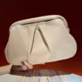 Elegant pleated beige clutch bag for women, stylish soft faux leather evening party handbag. - Apricot