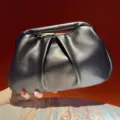 Elegant black ruched clutch bag for women, shiny faux leather evening handbag and stylish purse. - Black