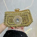Gold rhinestone evening clutch bag, elegant crystal embellished bridal party hand bag for women. - Gold