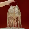 Elegant gold fringe evening bag sparkling women handbag stylish party bucket purse - Gold