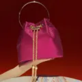 Pink glitter bucket bag with gold ring handle and chic chain tassels for women daily use. - Rose Red