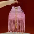 Pink sequin fringe bucket bag women evening handbag with gold ring handle and metal chain. - Pink