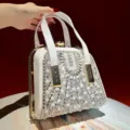 Elegant White Rhinestone Evening Handbag Pearl Kiss Lock Clutch Bag for Women Wedding Party - White