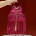Stylish sequin fringe bucket bag for women, elegant metallic ring handle evening handbag. - Rose Red
