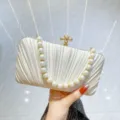 Pleated satin evening clutch bag with pearl strap, elegant bridal party shoulder handbag. - Apricot + Rhinestone Bead Chain