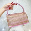Pink embroidered handbag ethnic style sequin evening bag chic lady top handle purse - Pink