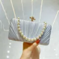 Silver pleated satin evening clutch bag with pearl handle and metal lock for women party. - Silver + Rhinestone Bead Chain