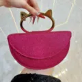 Sac de soirée pailleté rose avec poignée en métal en forme d'oreilles de chat dorées pour femme - Rose rouge
