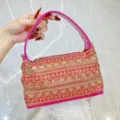 Bohemian style embroidered women handbag, red sequin evening tote bag with pink handle. - Rose Red