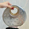 Sac de soirée rond argenté avec poignée anneau doré et strass brillants pour fêtes robe - Argent
