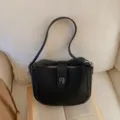 Black minimalist shoulder bag for women, Korean style chic commuter PU leather handbag. - Black without Pendant