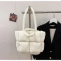 White puffer tote bag, quilted winter shoulder bag, stylish casual handbag for women. - Off White