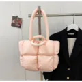 Korean style winter pink puffer tote bag, casual large capacity cotton padded shoulder handbag. - Pink