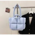 Light blue quilted puffy tote bag, winter versatile padded single shoulder handbag for women. - Blue