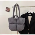 Winter quilted puffer tote bag for women large capacity padded shoulder bag gray - Gray