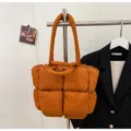 Winter quilted puffer tote bag, large capacity stylish casual shoulder handbag for women. - Orange