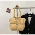 Khaki quilted puffer tote bag, stylish winter padded single-shoulder handbag for women. - Khaki