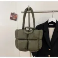 Dark green winter quilted padded tote bag, stylish puffer shoulder bag with double handles. - Green