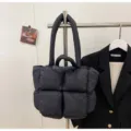 Korean style winter quilted puffer tote bag, large capacity soft handbag for women. - Black