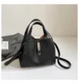 Black leather bucket bag for women, stylish elegant top-handle shoulder handbag casual. - No Pendant / Black