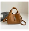 Brown leather bucket bag with top handle and strap, stylish casual shoulder crossbody bag - No Pendant / Tan