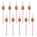 Detalle en primer plano de bonitas pajitas de papel con rayas rosas y decoraciones de fresa. - Fresa