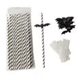 Halloween paper straws set with black white stripes and cute bat cutouts for party decor. - Halloween Black Bat Style