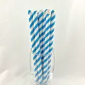 Blue and white striped paper straws set in a clear glass cup, eco-friendly and disposable. - Blue Striped Sharp Mouth