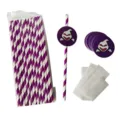 Detail view of Halloween party paper straws with purple ghost decorative cards and adhesive dots. - Halloween Purple Spirit Style