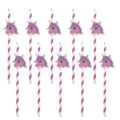 Close-up detail shot of cute unicorn decorative paper straws in pink stripes, set of 10. - Unicorn Assembled Style / Rose Red Striped