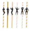 Disposable paper straws set with muscular man silhouettes, perfect for bachelorette and birthday party decor. - Gold Assorted Black Man Style