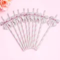 Pink striped paper straws with cute bow decoration for holiday party event use details - 10 Piece Set / Pink Stripe