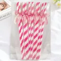 Cannucce di carta rigate con fiocco rosa ecologiche biodegradabili per feste bevande - Modello a fiocco / Set da 10 Pezzi / Righe Rosso Rosa