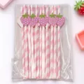 Cute pink striped paper drinking straws with strawberry cards, perfect detail for party decor. - 20 Pieces per Pack / Pink Striped Strawberry Straw