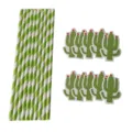Eco-friendly green striped paper drinking straws with cute cactus party decoration cards. - Cactus / Fruit Green