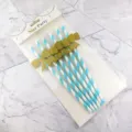 Blue and white striped paper straws with gold bow decorations for birthday party cake decor. - 6*197mm / Lake Blue Stripe + Gold Bowknot Paper