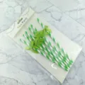 Detailed view of disposable green and white striped paper straws with cute decorative bows for parties. - 6*197mm / Dark Green Stripe + Dark Green Bowknot Fabric