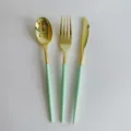 Wegwerp verguld plastic bestek set vork mes lepel voor verjaardagsfeest tafeldecor - Gouden Mes / Lichtgroen Handvat (1st)