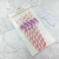 Detailed view of unicorn paper straws with pink white stripes and cute unicorn head cutouts. - Rose Red Stripes + Rose Red