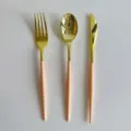 Détail rapproché de l'élégant ensemble de couverts en plastique doré et rose pour fête. - Poignée Abricot Clair (1pc)