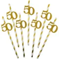 Gold glitter 50 number paper straws detail view, perfect for 50th birthday party supplies. - Number 50 Style / 10 Piece Set