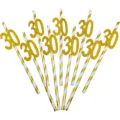 10pcs gold striped paper straws with number 30 glitter topper for birthday party decor. - Number 30 Style / 10 Piece Set